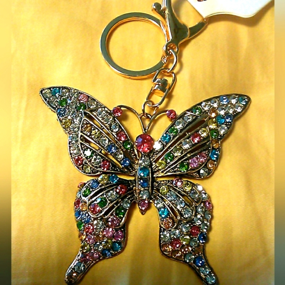 BNWT RHINESTONE LARGE BUTTERFLY PURSE CHARM/ KEY CHAIN 5 IN. TOTAL GORGEOUS